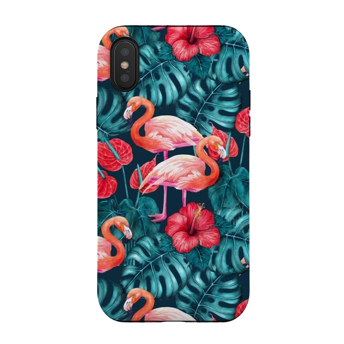 iPhone Xs / X StrongFit Flamingo birds and tropical garden watercolor by Katerina Kirilova