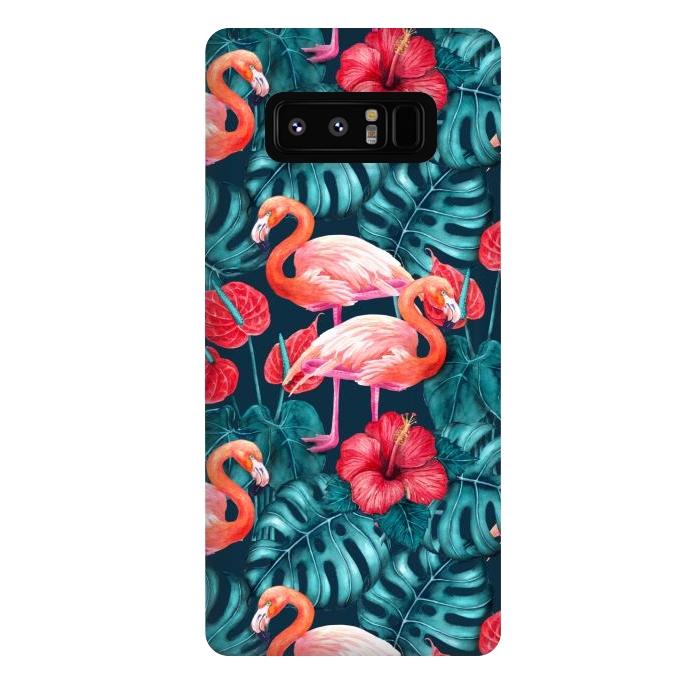 Galaxy Note 8 StrongFit Flamingo birds and tropical garden watercolor by Katerina Kirilova