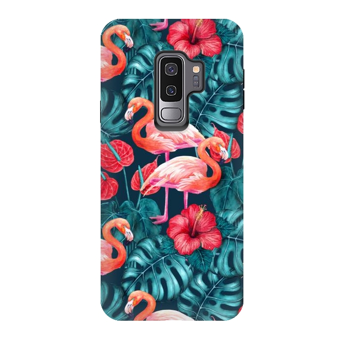 Galaxy S9 plus StrongFit Flamingo birds and tropical garden watercolor by Katerina Kirilova