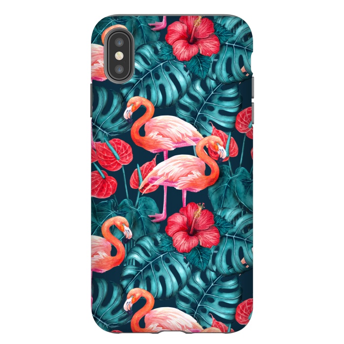 iPhone Xs Max StrongFit Flamingo birds and tropical garden watercolor by Katerina Kirilova