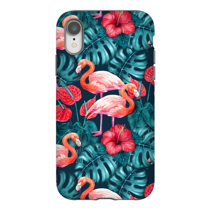 iPhone Xr StrongFit Flamingo birds and tropical garden watercolor by Katerina Kirilova