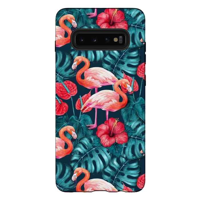 Galaxy S10 plus StrongFit Flamingo birds and tropical garden watercolor by Katerina Kirilova
