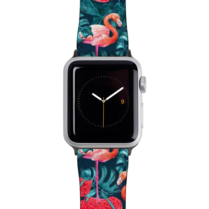 Watch 42mm / 44mm Strap PU leather Flamingo birds and tropical garden watercolor by Katerina Kirilova
