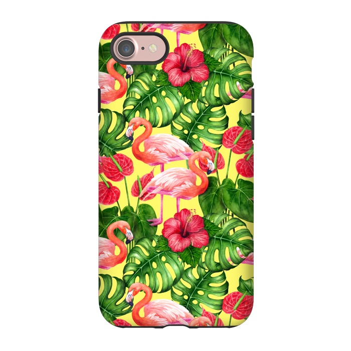 iPhone 7 StrongFit Flamingo birds and tropical garden watercolor 2 by Katerina Kirilova