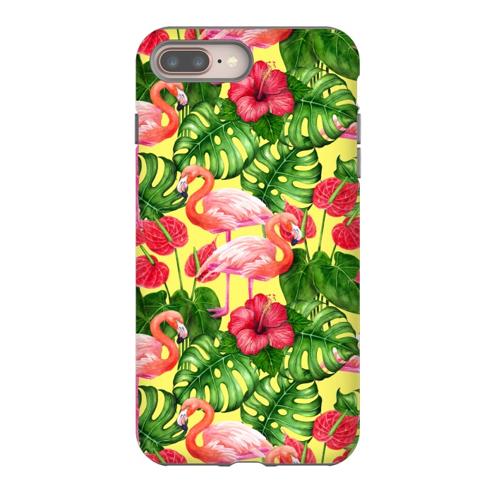iPhone 7 plus StrongFit Flamingo birds and tropical garden watercolor 2 by Katerina Kirilova
