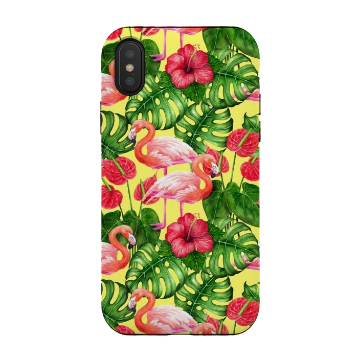 iPhone Xs / X StrongFit Flamingo birds and tropical garden watercolor 2 by Katerina Kirilova