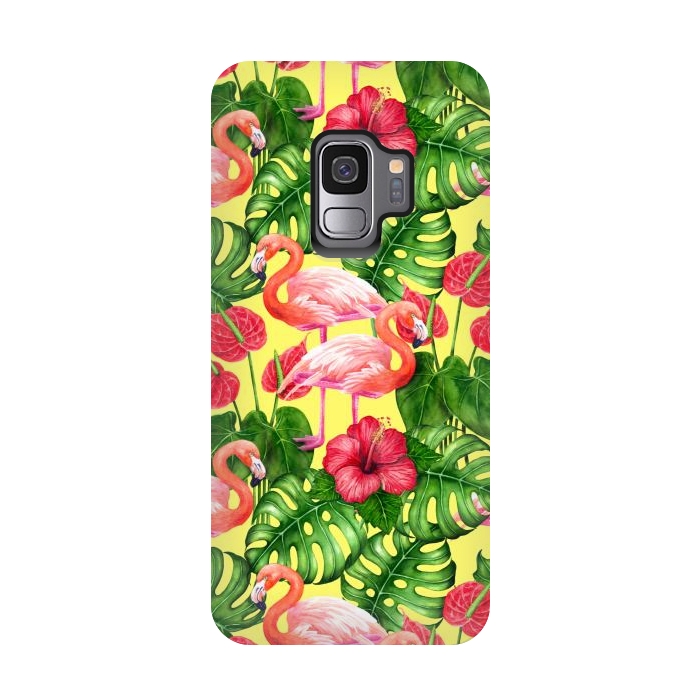 Galaxy S9 StrongFit Flamingo birds and tropical garden watercolor 2 by Katerina Kirilova