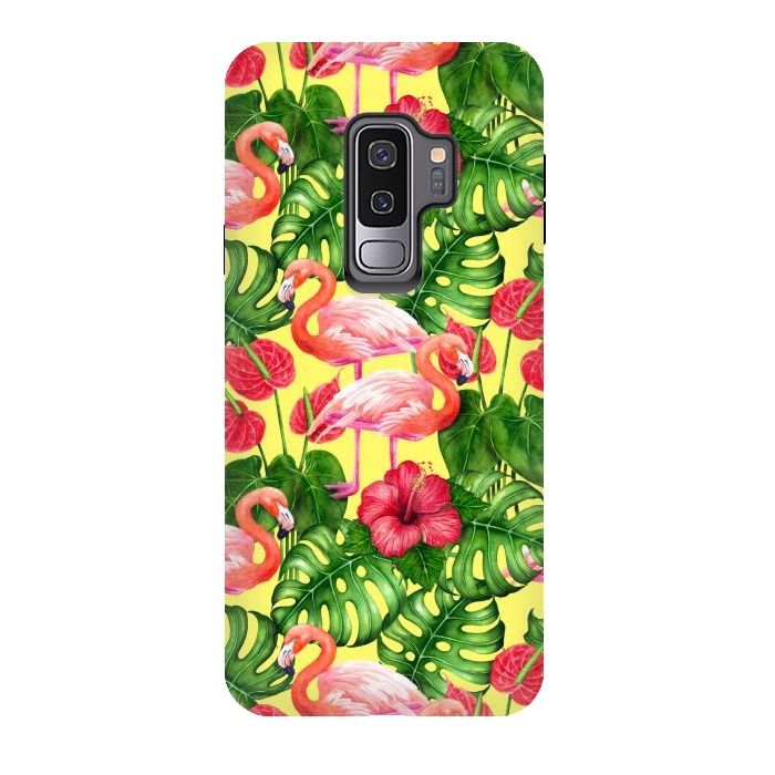 Galaxy S9 plus StrongFit Flamingo birds and tropical garden watercolor 2 by Katerina Kirilova