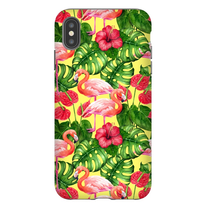 iPhone Xs Max StrongFit Flamingo birds and tropical garden watercolor 2 by Katerina Kirilova