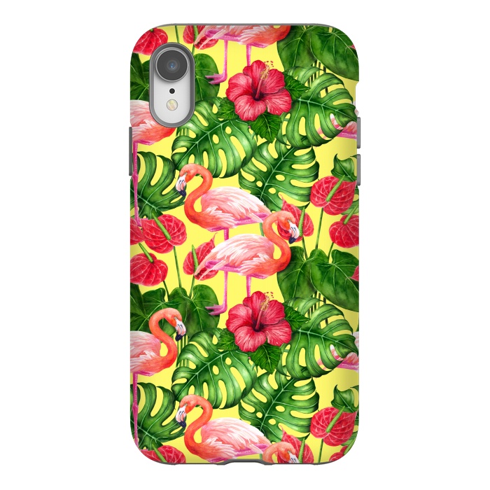iPhone Xr StrongFit Flamingo birds and tropical garden watercolor 2 by Katerina Kirilova