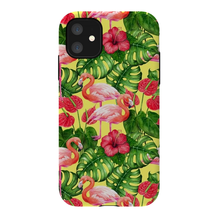 iPhone 11 StrongFit Flamingo birds and tropical garden watercolor 2 by Katerina Kirilova