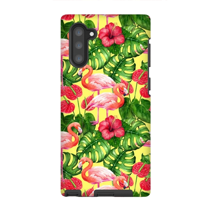 Galaxy Note 10 StrongFit Flamingo birds and tropical garden watercolor 2 by Katerina Kirilova