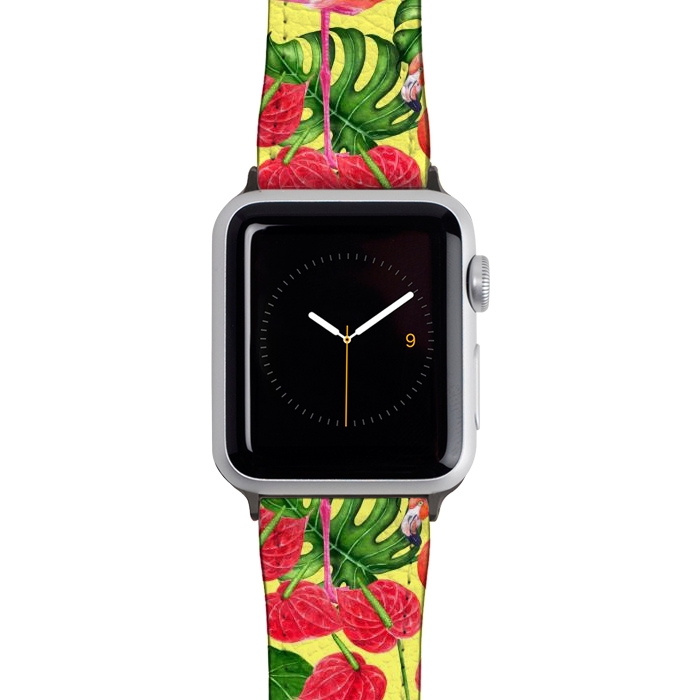 Watch 38mm / 40mm Strap PU leather Flamingo birds and tropical garden watercolor 2 by Katerina Kirilova