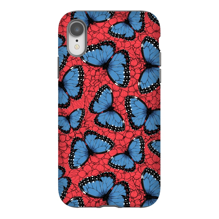iPhone Xr StrongFit Blue Morpho butterfly on red hydrangea by Katerina Kirilova