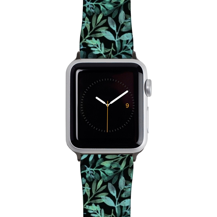 Watch 42mm / 44mm Strap PU leather emerald branches on a black background by Alena Ganzhela