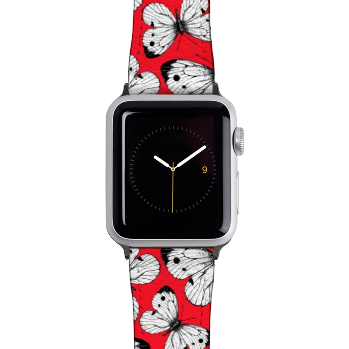 Watch 42mm / 44mm Strap PU leather Cabbage butterfly pattern on red by Katerina Kirilova