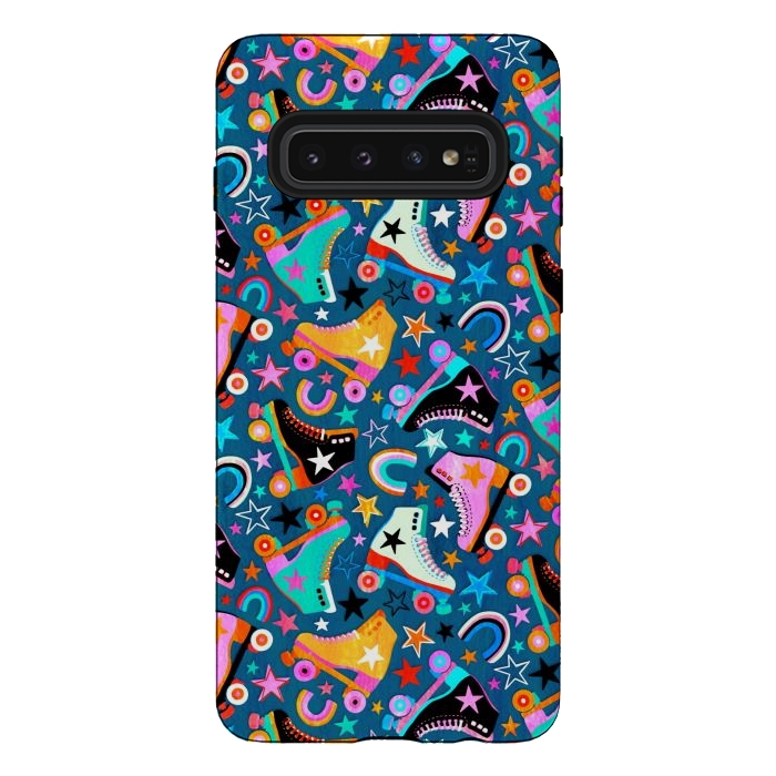 Galaxy S10 StrongFit Retro Rainbow Roller Skates and Stars by Micklyn Le Feuvre