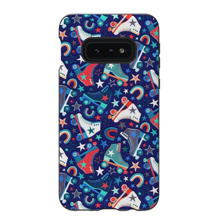 Galaxy S10e StrongFit Red, White and Blue Retro Roller Skates by Micklyn Le Feuvre