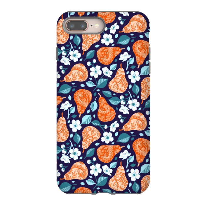 iPhone 7 plus StrongFit Cheerful Pears in Orange on Navy Blue by Micklyn Le Feuvre