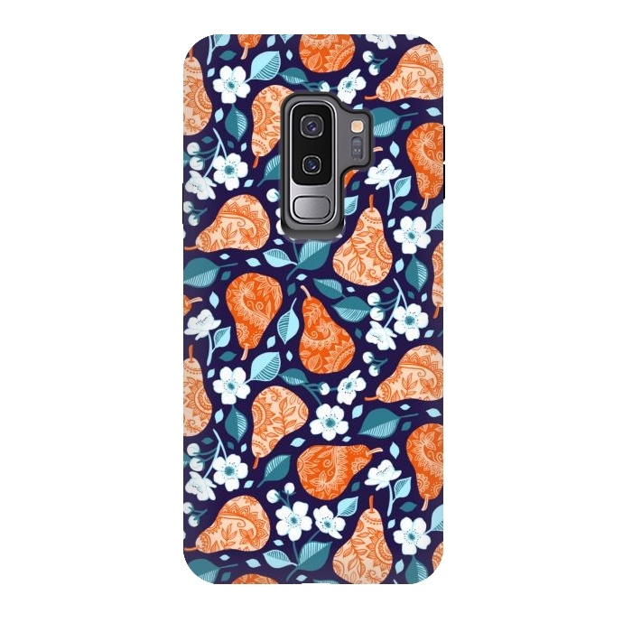 Galaxy S9 plus StrongFit Cheerful Pears in Orange on Navy Blue by Micklyn Le Feuvre