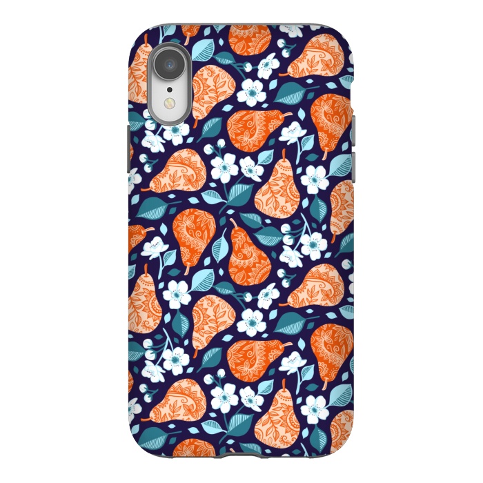iPhone Xr StrongFit Cheerful Pears in Orange on Navy Blue by Micklyn Le Feuvre