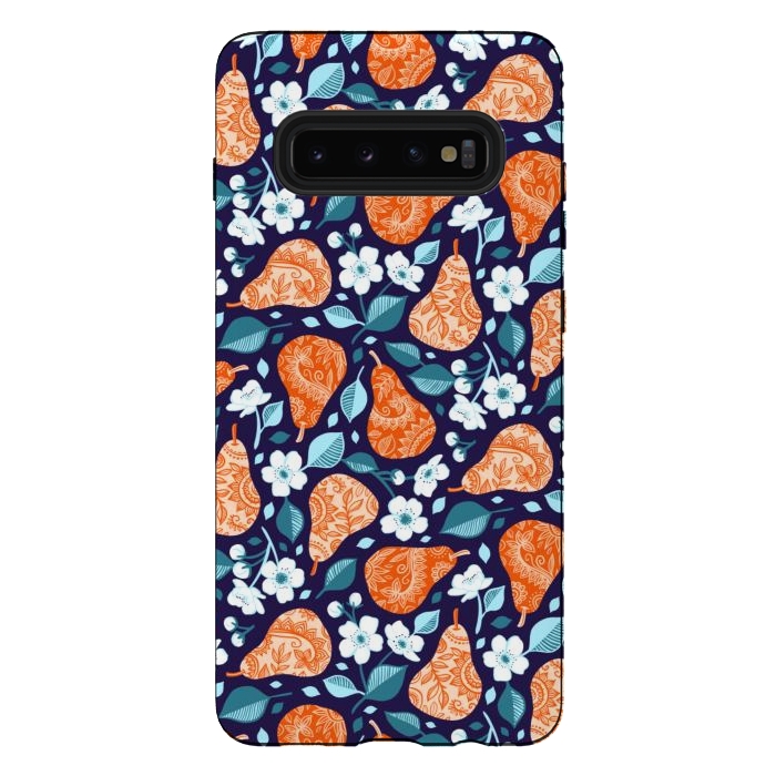Galaxy S10 plus StrongFit Cheerful Pears in Orange on Navy Blue by Micklyn Le Feuvre