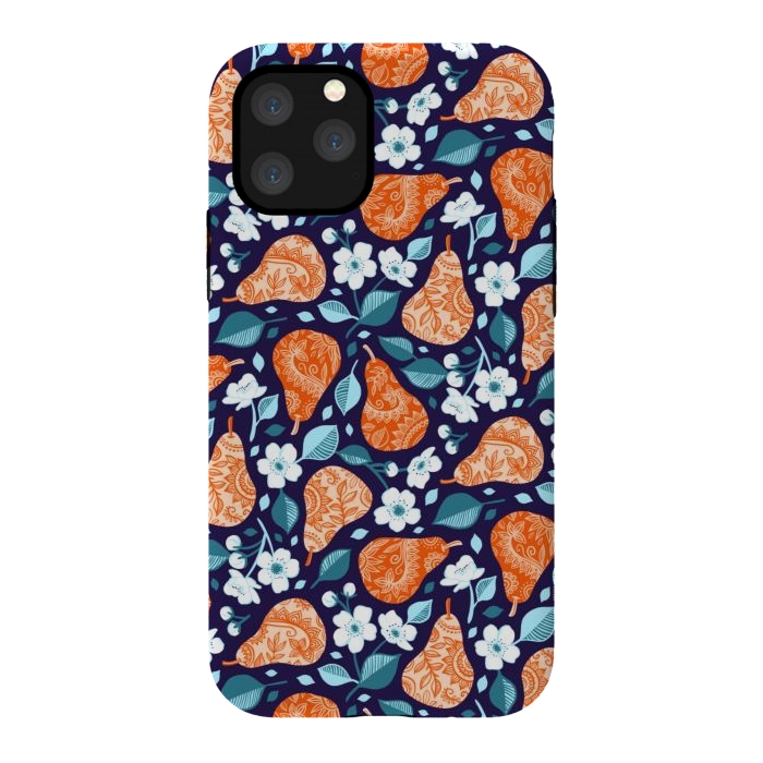 iPhone 11 Pro StrongFit Cheerful Pears in Orange on Navy Blue by Micklyn Le Feuvre