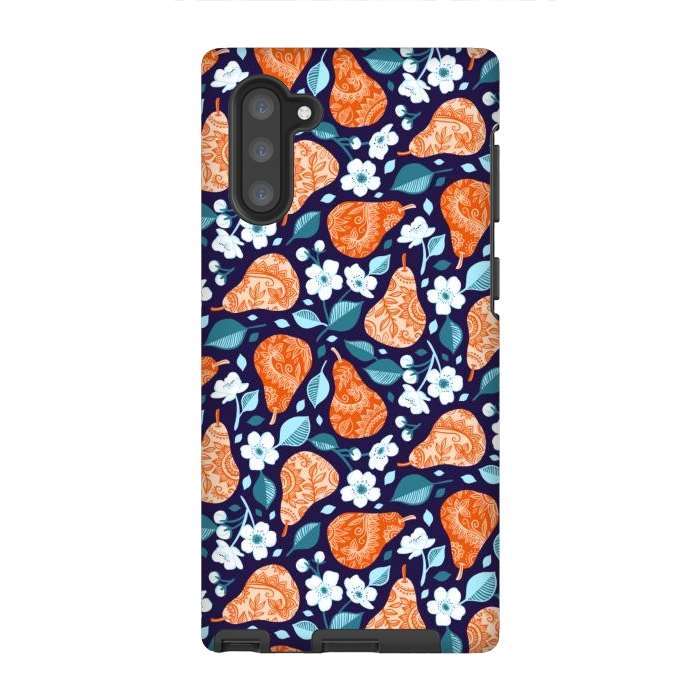 Galaxy Note 10 StrongFit Cheerful Pears in Orange on Navy Blue by Micklyn Le Feuvre