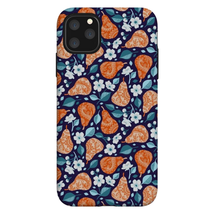 iPhone 11 Pro Max StrongFit Cheerful Pears in Orange on Navy Blue by Micklyn Le Feuvre