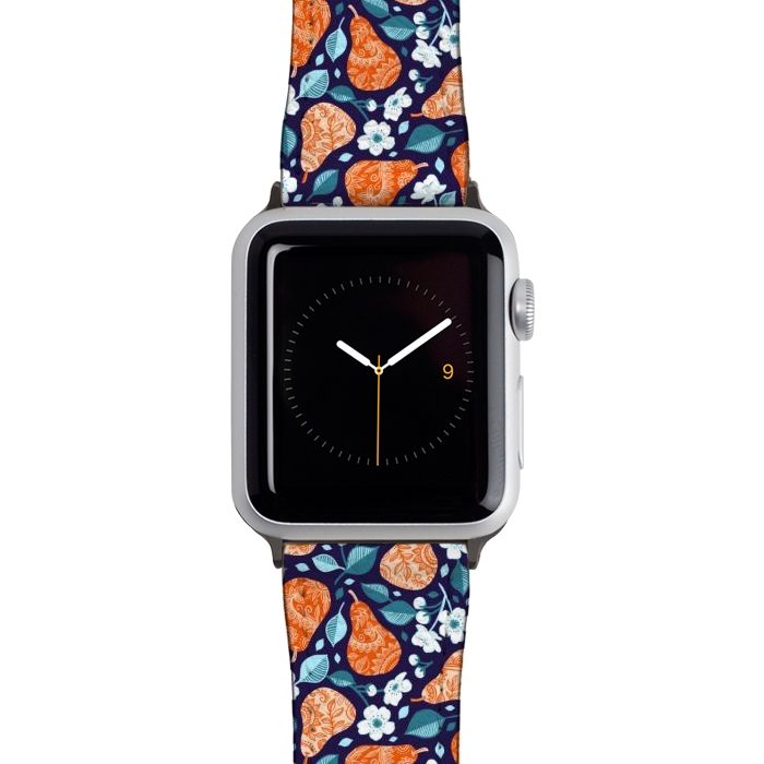Watch 38mm / 40mm Strap PU leather Cheerful Pears in Orange on Navy Blue by Micklyn Le Feuvre