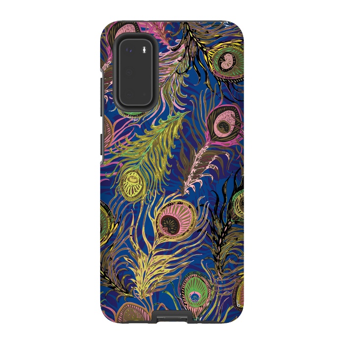 Galaxy S20 StrongFit Peacock Feathers in Bold Blue by Lotti Brown