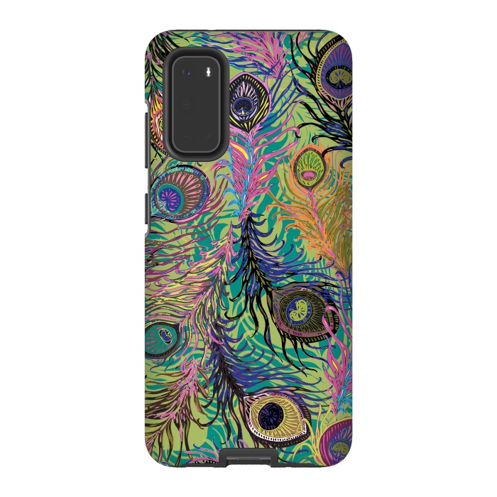 Galaxy S20 StrongFit Peacock Feathers in Lime Green & Pink by Lotti Brown