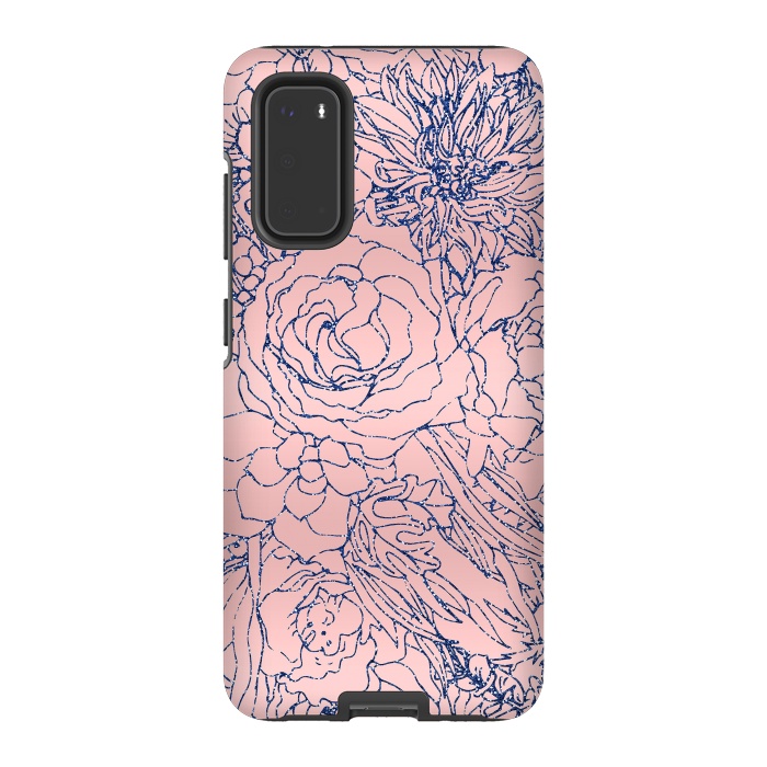 Galaxy S20 StrongFit Stylish Metallic Navy Blue and Pink Floral Design by InovArts