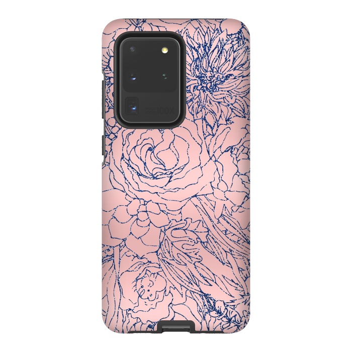 Galaxy S20 Ultra StrongFit Stylish Metallic Navy Blue and Pink Floral Design by InovArts