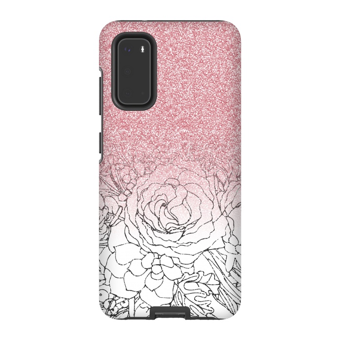 Galaxy S20 StrongFit Elegant Floral Doodles Pink Gradient Glitter Image by InovArts