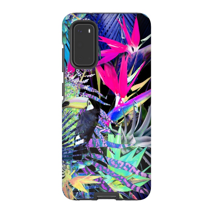Galaxy S20 StrongFit Colorful neon toucan and strelitzia jungle pattern by Oana 