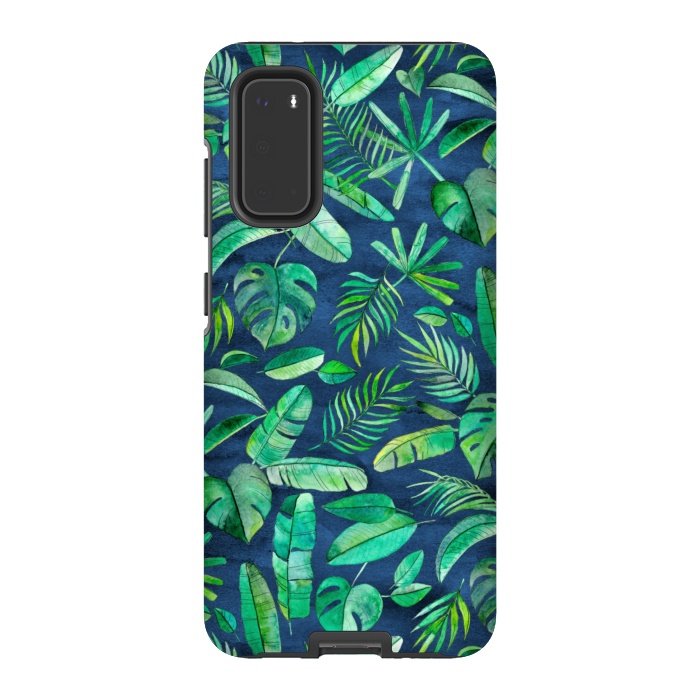 Galaxy S20 StrongFit Emerald Tropical Leaf Scatter on textured Navy Blue by Micklyn Le Feuvre
