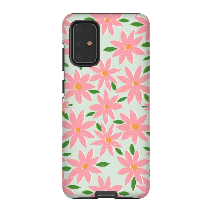 Galaxy S20 Plus StrongFit Pretty Hand Paint Pink Daisy Flowers Mint Design by InovArts