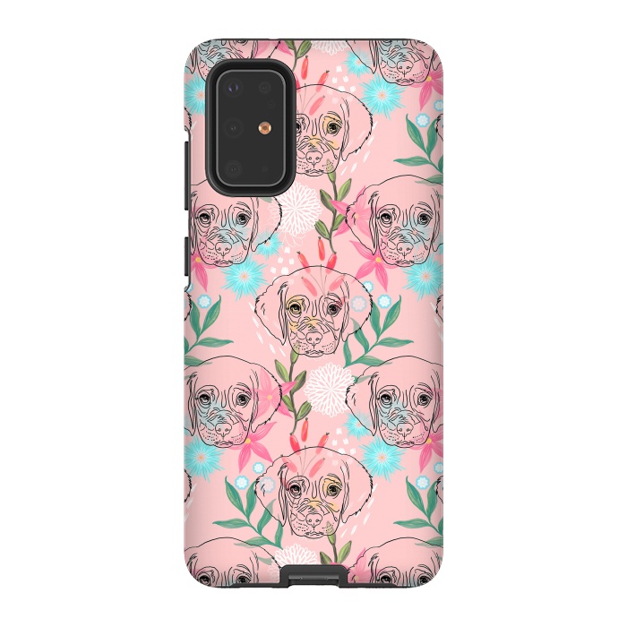 Galaxy S20 Plus StrongFit Cute Puppy Dog and Flowers Pink Creative Art by InovArts