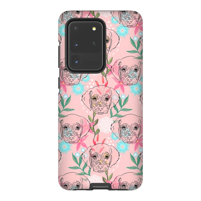 Galaxy S20 Ultra StrongFit Cute Puppy Dog and Flowers Pink Creative Art by InovArts