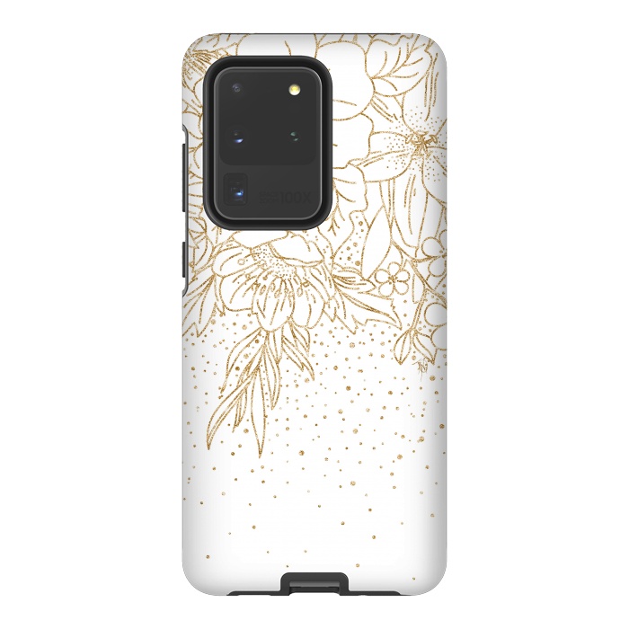 Galaxy S20 Ultra StrongFit Cute Gold floral doodles and confetti design by InovArts
