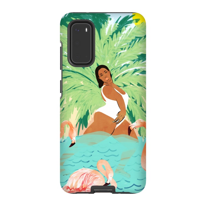 Galaxy S20 StrongFit Tropical Summer Water Yoga with Palm & Flamingos | Woman of Color Black Woman Body Positivity by Uma Prabhakar Gokhale