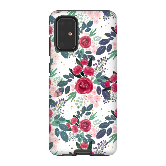 Galaxy S20 Plus StrongFit Cute Rose Pink Peonies Watercolor Paint Gold Dots Design by InovArts