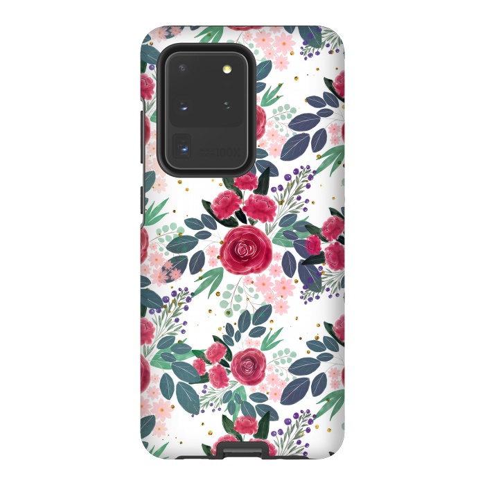 Galaxy S20 Ultra StrongFit Cute Rose Pink Peonies Watercolor Paint Gold Dots Design by InovArts