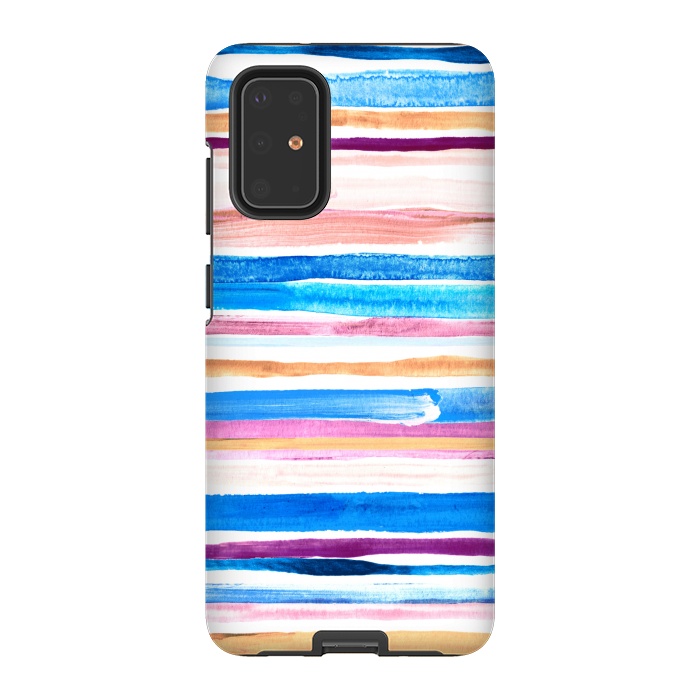 Galaxy S20 Plus StrongFit Pastel Pink, Plum and Cobalt Blue Gouache Stripes by Micklyn Le Feuvre