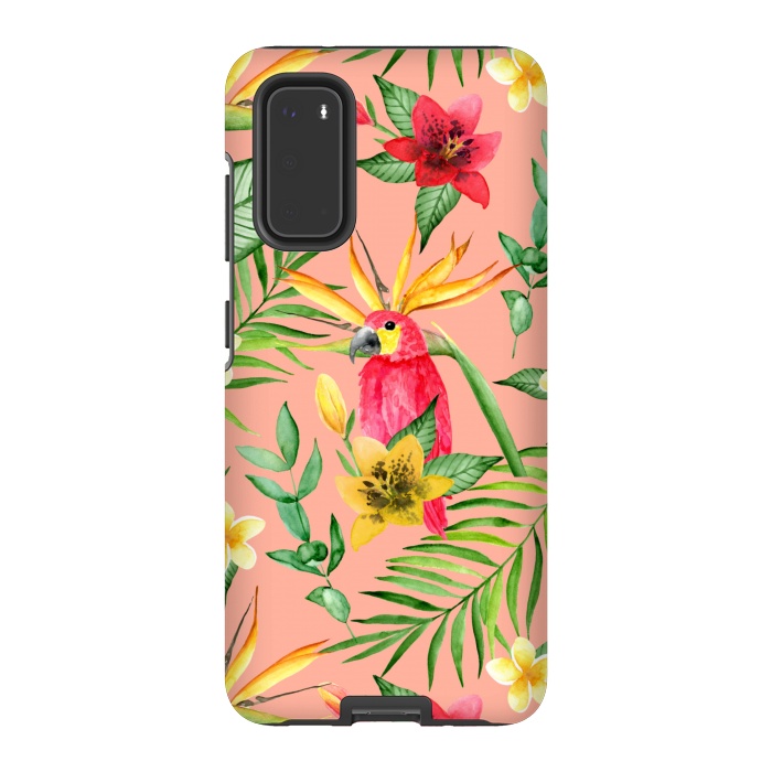 Galaxy S20 StrongFit Red parrot and tropical leaves by Julia Badeeva