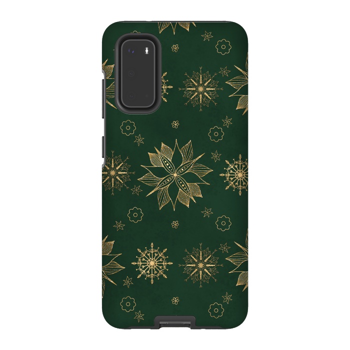 Galaxy S20 StrongFit Elegant Gold Green Poinsettias Snowflakes Winter Design by InovArts