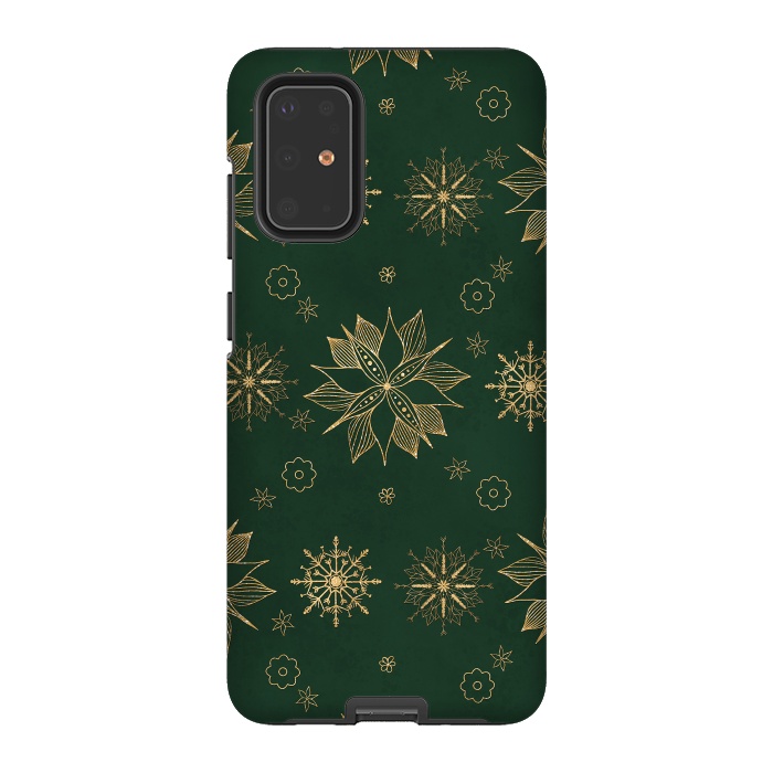 Galaxy S20 Plus StrongFit Elegant Gold Green Poinsettias Snowflakes Winter Design by InovArts