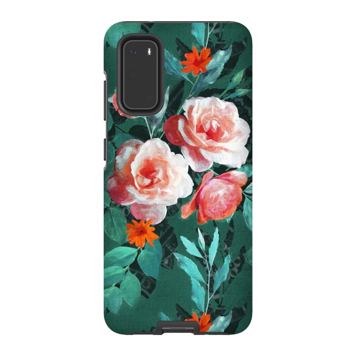Galaxy S20 StrongFit Retro Rose Chintz in Melon Pink on Dark Emerald Green by Micklyn Le Feuvre