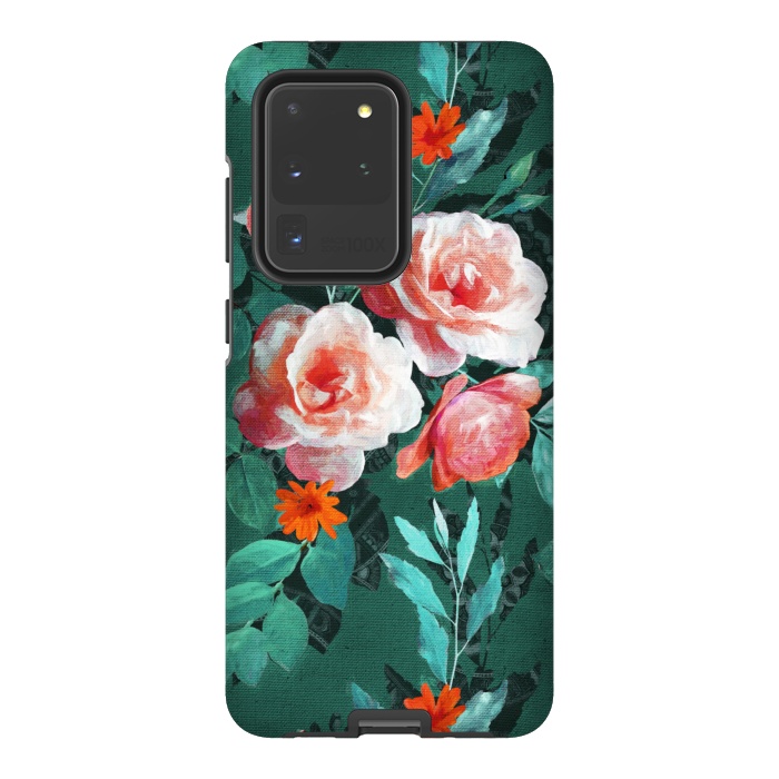 Galaxy S20 Ultra StrongFit Retro Rose Chintz in Melon Pink on Dark Emerald Green by Micklyn Le Feuvre